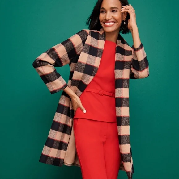 Ann Taylor Buffalo Plaid Wool Belted Shawl Collar Coat - Picture 1 of 7